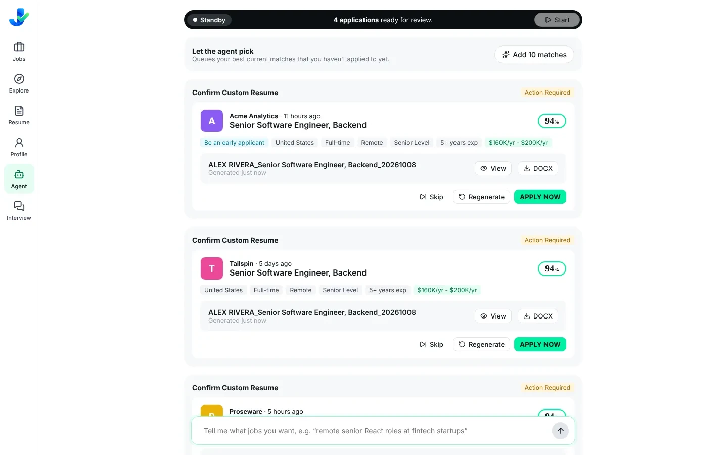 Application agent with tailored resumes ready for review